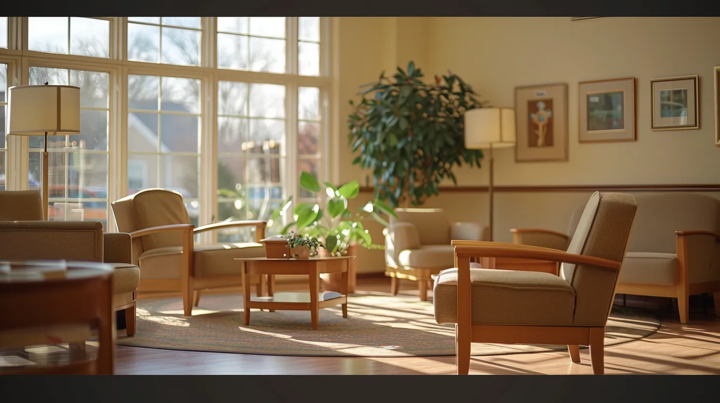 a warm, inviting room in an assisted living facility in ypsilanti, bathed in soft natural light, showcasing a serene atmosphere for residents as they engage in thoughtful discussions about eligibility criteria with family members.