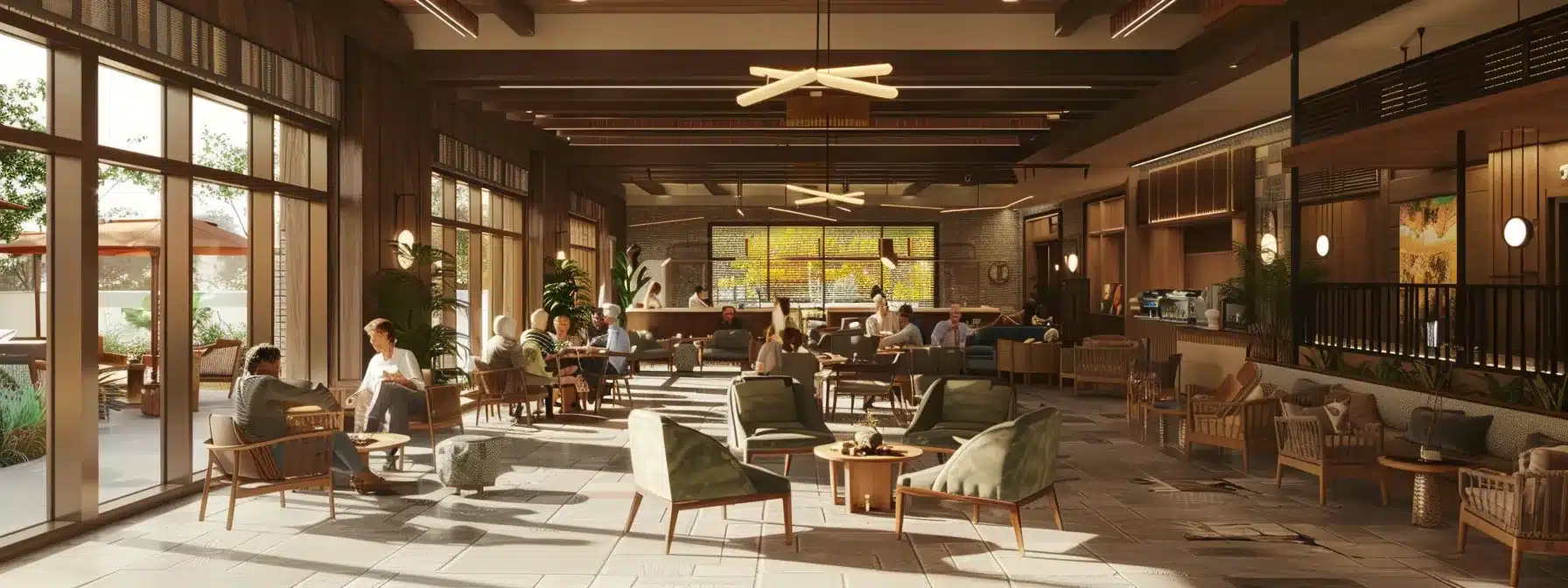 a warmly illuminated common area in an alzheimer care facility in michigan, featuring residents engaging in group activities, surrounded by comforting furnishings that promote social interaction and connection.