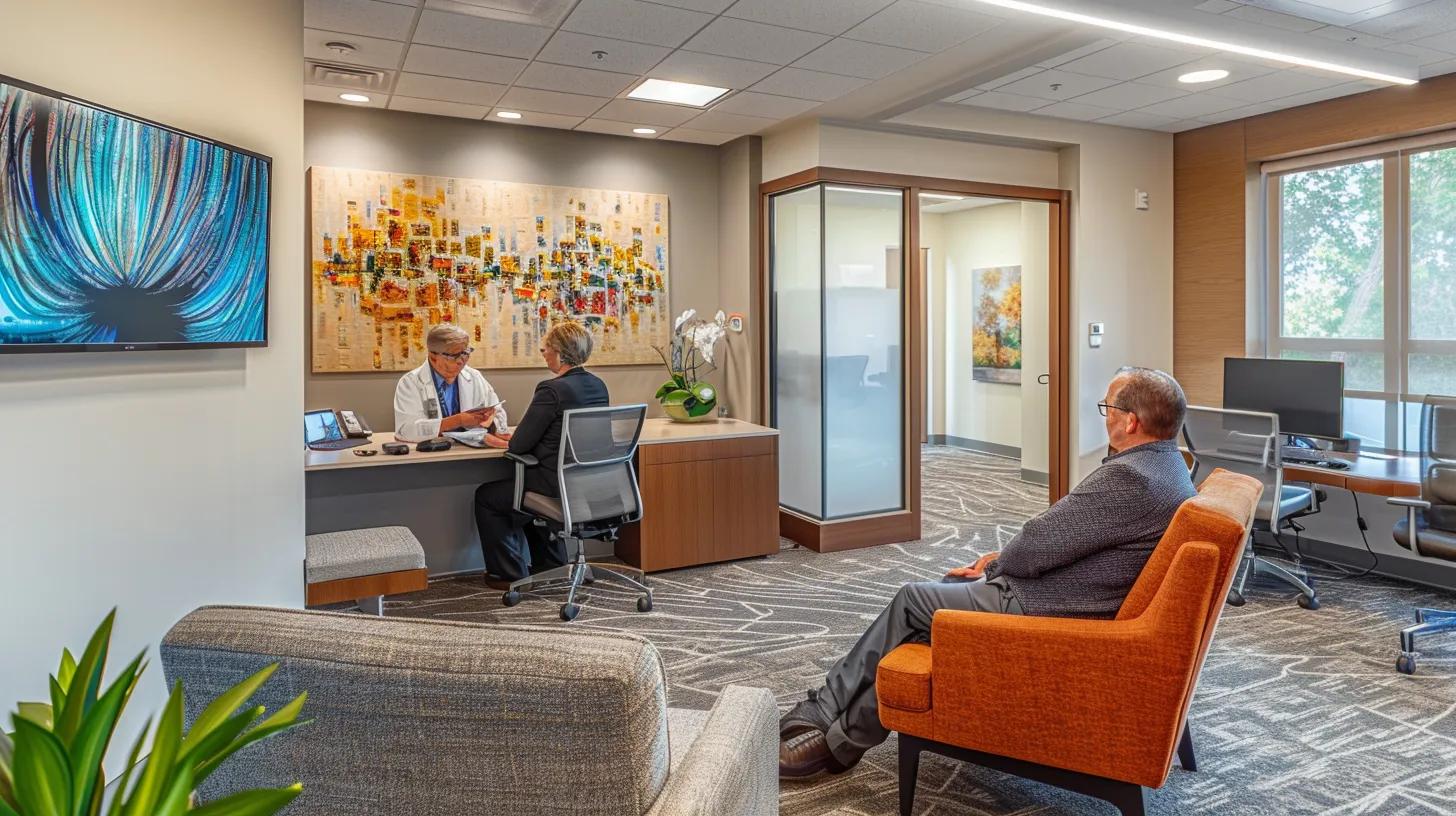 a warmly lit, modern office consultation room showcases a compassionate caregiver discussing assessment plans with a concerned family member, emphasizing the importance of timely decisions for memory care home transitions.
