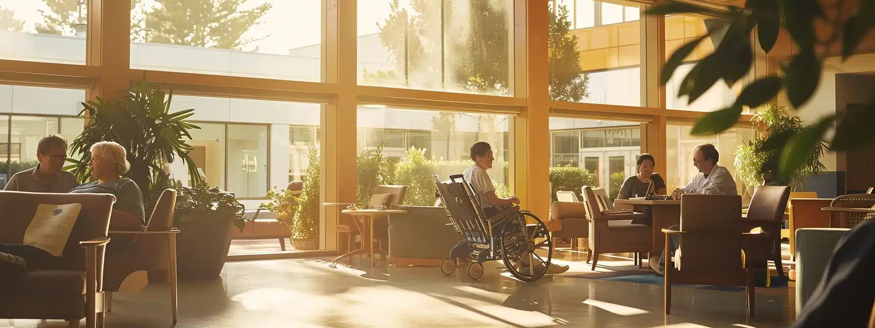 a warmly lit nursing home common area features caregivers engaging positively with residents with dementia, illustrating effective communication and supportive care practices amidst comforting furnishings and a serene, inviting atmosphere. a warmly lit nursing home common area features caregivers engaging positively with residents with dementia, illustrating effective communication and supportive care practices amidst comforting furnishings and a serene, inviting atmosphere.