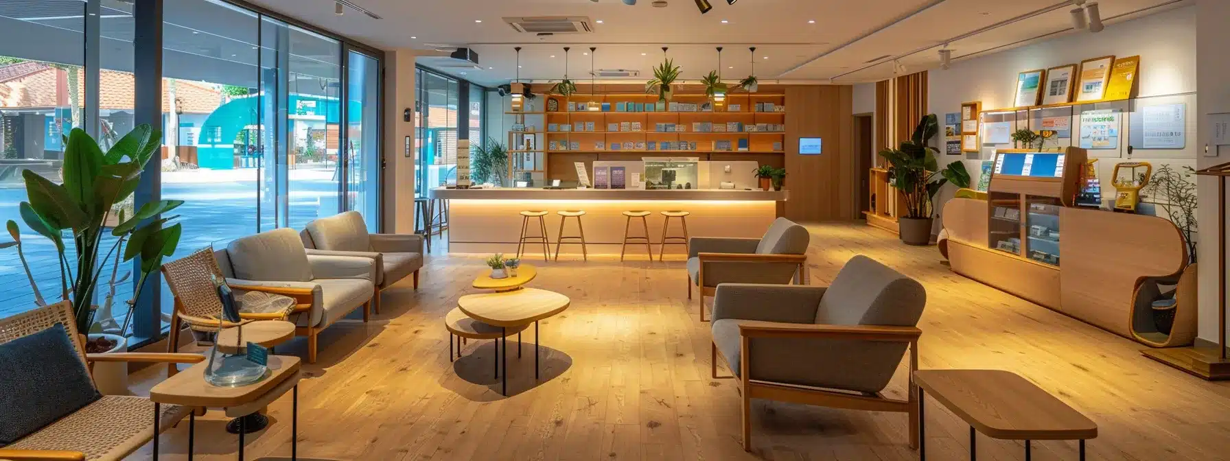 a welcoming and modern senior citizens' care facility lobby, featuring comfortable seating, soft ambient lighting, and informational brochures on dementia care prominently displayed at a reception desk.