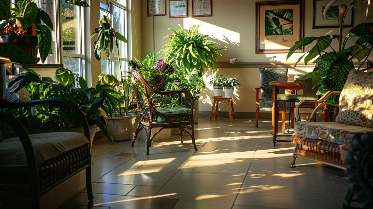 a welcoming and vibrant assisted living facility in ypsilanti, featuring blooming gardens and sunny communal spaces filled with cheerful residents enjoying various activities together.