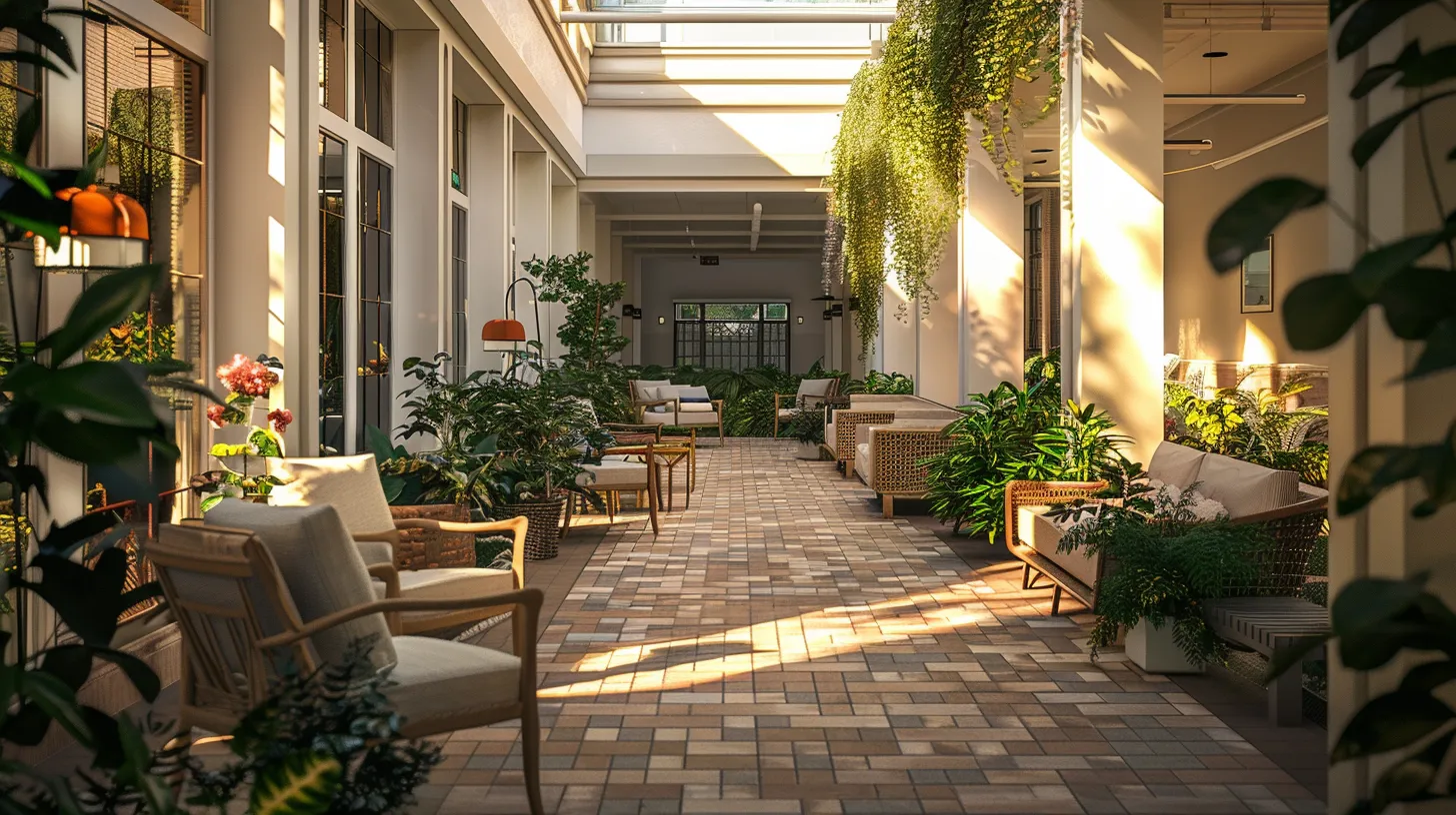 a welcoming senior living community in ypsilanti, featuring sunlit common areas filled with comfortable furniture and vibrant greenery, inviting families to explore personalized living options.