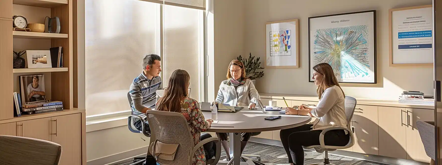 a well-organized consultation room with a round table, where a compassionate caregiver is engaged in a focused discussion with a family, surrounded by professional care charts and resources, highlighting the importance of communication in transitioning dementia care services. a well-organized consultation room with a round table, where a compassionate caregiver is engaged in a focused discussion with a family, surrounded by professional care charts and resources, highlighting the importance of communication in transitioning dementia care services.
