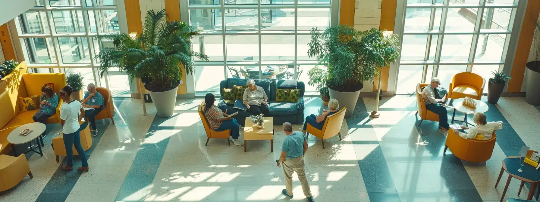 a well-organized, modern healthcare facility features a spacious common area with caregivers engaging attentively with dementia patients, emphasizing a supportive environment that prioritizes safety measures and comfort in care. a well-organized, modern healthcare facility features a spacious common area with caregivers engaging attentively with dementia patients, emphasizing a supportive environment that prioritizes safety measures and comfort in care.