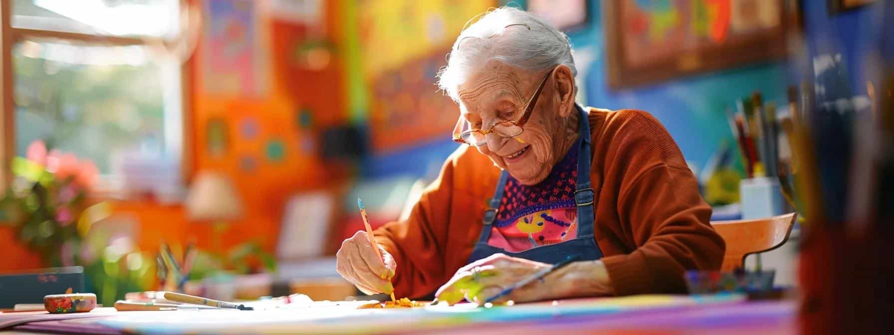 an elderly resident joyfully engages in a vibrant art therapy session within a warm and inviting dementia care facility, surrounded by colorful artwork that fosters creativity and emotional connection.