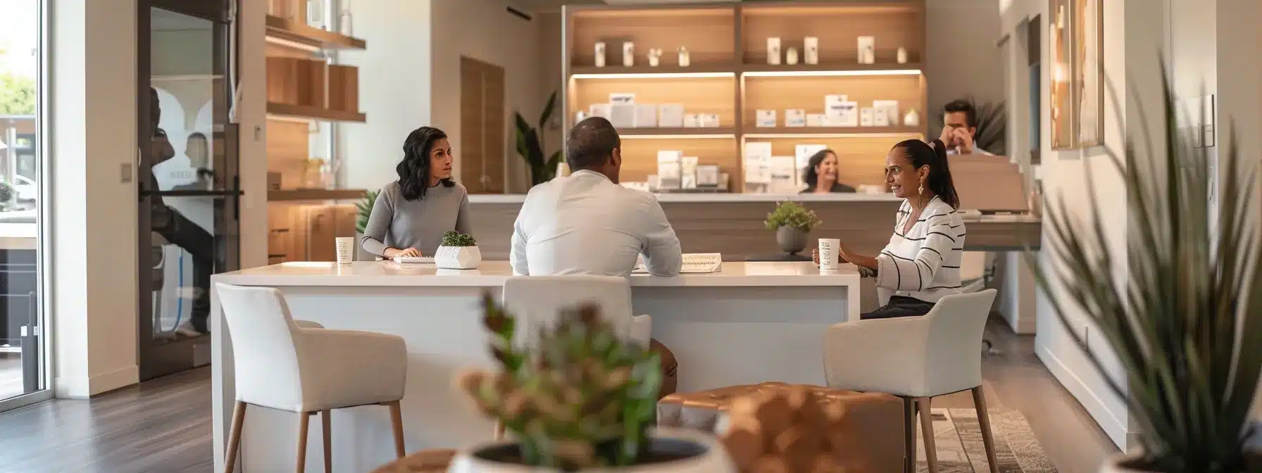 an elegantly designed, modern healthcare office featuring a compassionate caregiver discussing tailored dementia care plans with a family at a sleek conference table, highlighting the importance of social interaction and personalized care in a warm, professional atmosphere. an elegantly designed, modern healthcare office featuring a compassionate caregiver discussing tailored dementia care plans with a family at a sleek conference table, highlighting the importance of social interaction and personalized care in a warm, professional atmosphere.