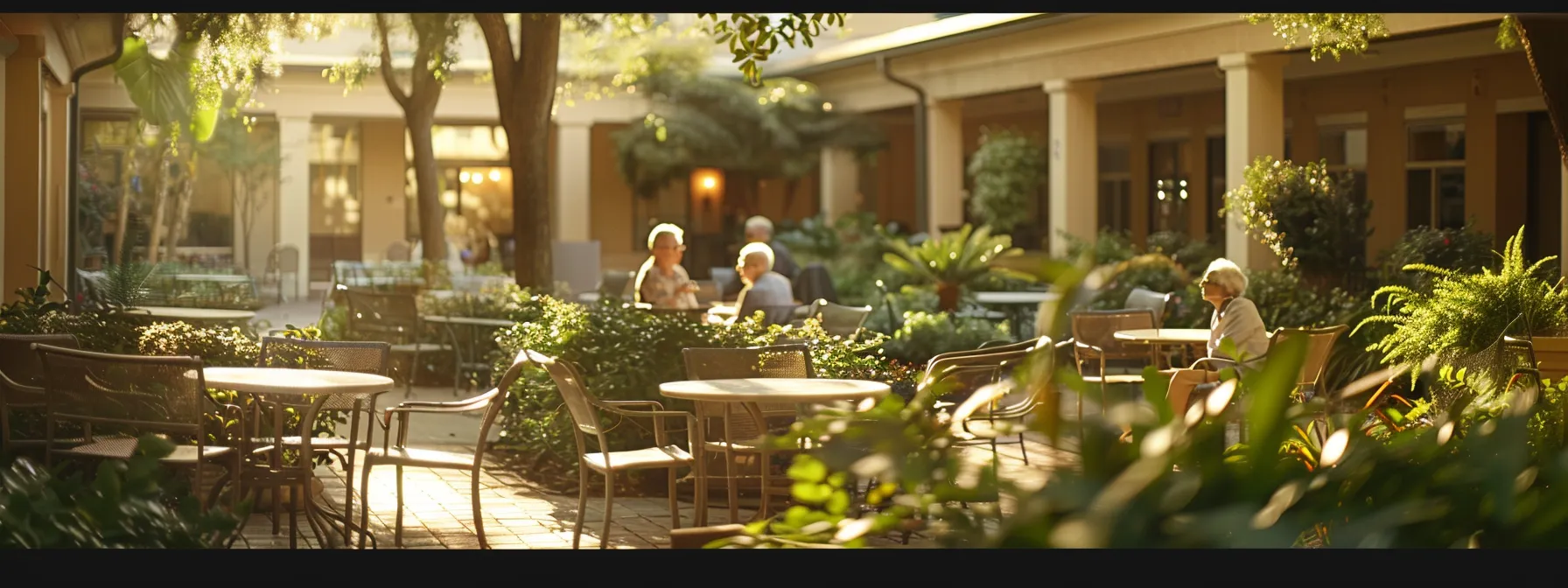 an inviting and serene scene of an assisted living facility, showcasing elderly residents engaging in thoughtful conversations in a sunlit courtyard, surrounded by lush greenery and supportive healthcare staff nearby, reflecting a harmonious blend of care and community.