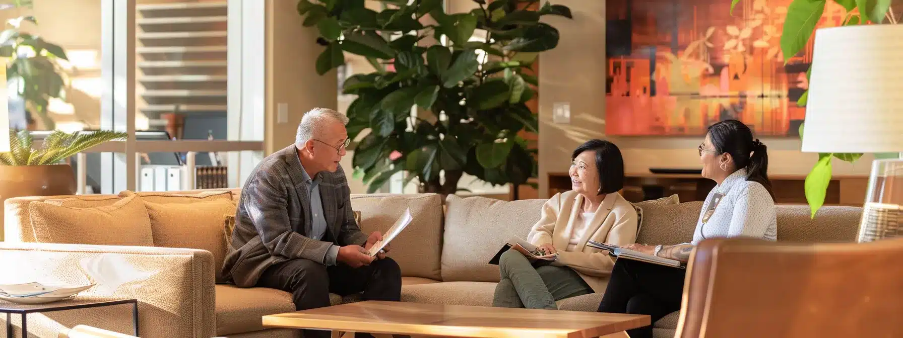an inviting office setting features a compassionate financial advisor consulting with a family, surrounded by resource materials on dementia care options, creating a warm atmosphere that emphasizes support and preparedness. an inviting office setting features a compassionate financial advisor consulting with a family, surrounded by resource materials on dementia care options, creating a warm atmosphere that emphasizes support and preparedness.