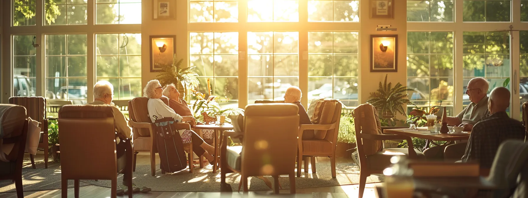 an inviting, sunlit common area in an assisted living facility showcases elderly residents engaged in meaningful activities designed to enhance cognitive skills, surrounded by cheerful decor and serene outdoor views.