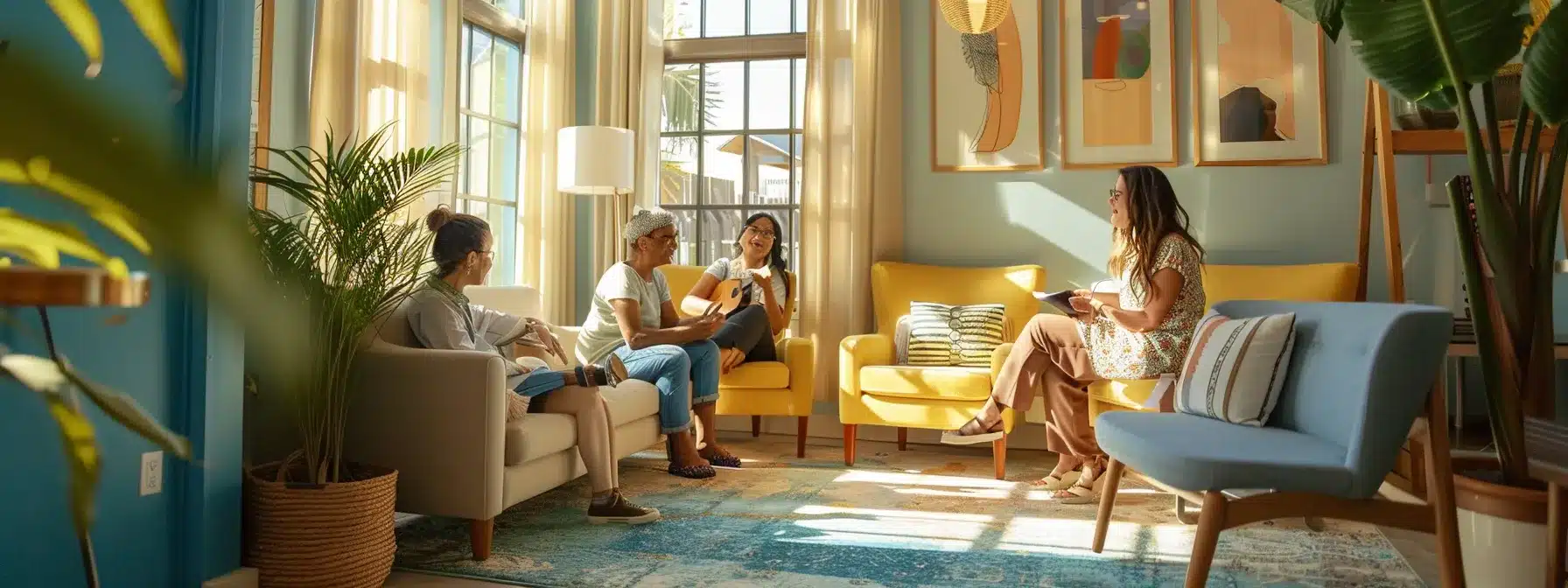 an inviting, well-lit common area in a dementia care home, featuring comfortable seating and personalized decor, captures the essence of warmth and stability, showcasing residents engaged in a music therapy session that fosters connection and well-being. an inviting, well-lit common area in a dementia care home, featuring comfortable seating and personalized decor, captures the essence of warmth and stability, showcasing residents engaged in a music therapy session that fosters connection and well-being.