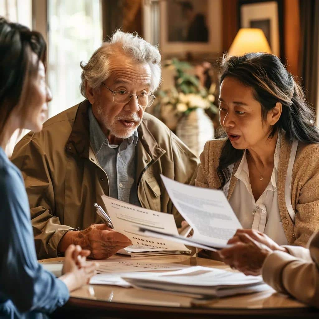 Caregiver and family members discussing personalized care plans for dementia in a warm, home-like setting, emphasizing collaboration and support.