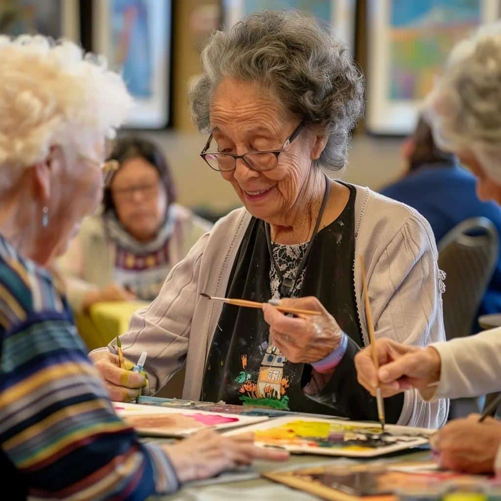 Seniors engaged in intergenerational art class, painting together, fostering creativity and social interaction in community-focused memory care program.