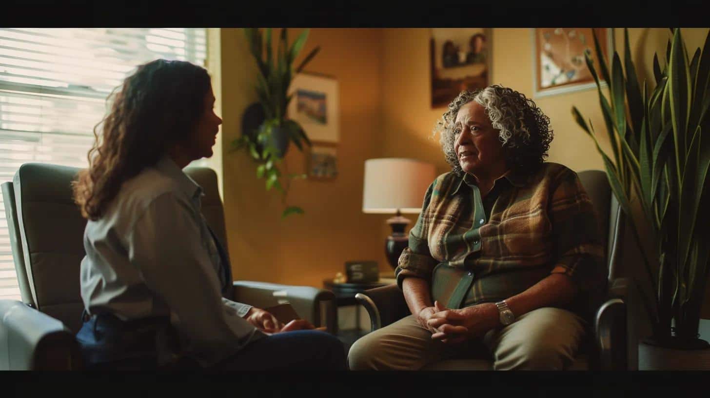 a compassionate healthcare professional is seated in a warmly lit, cozy office, attentively engaging with an elderly dementia patient, whose expressive face reflects a wave of emotions, underscoring the complexities of understanding emotional changes in dementia.