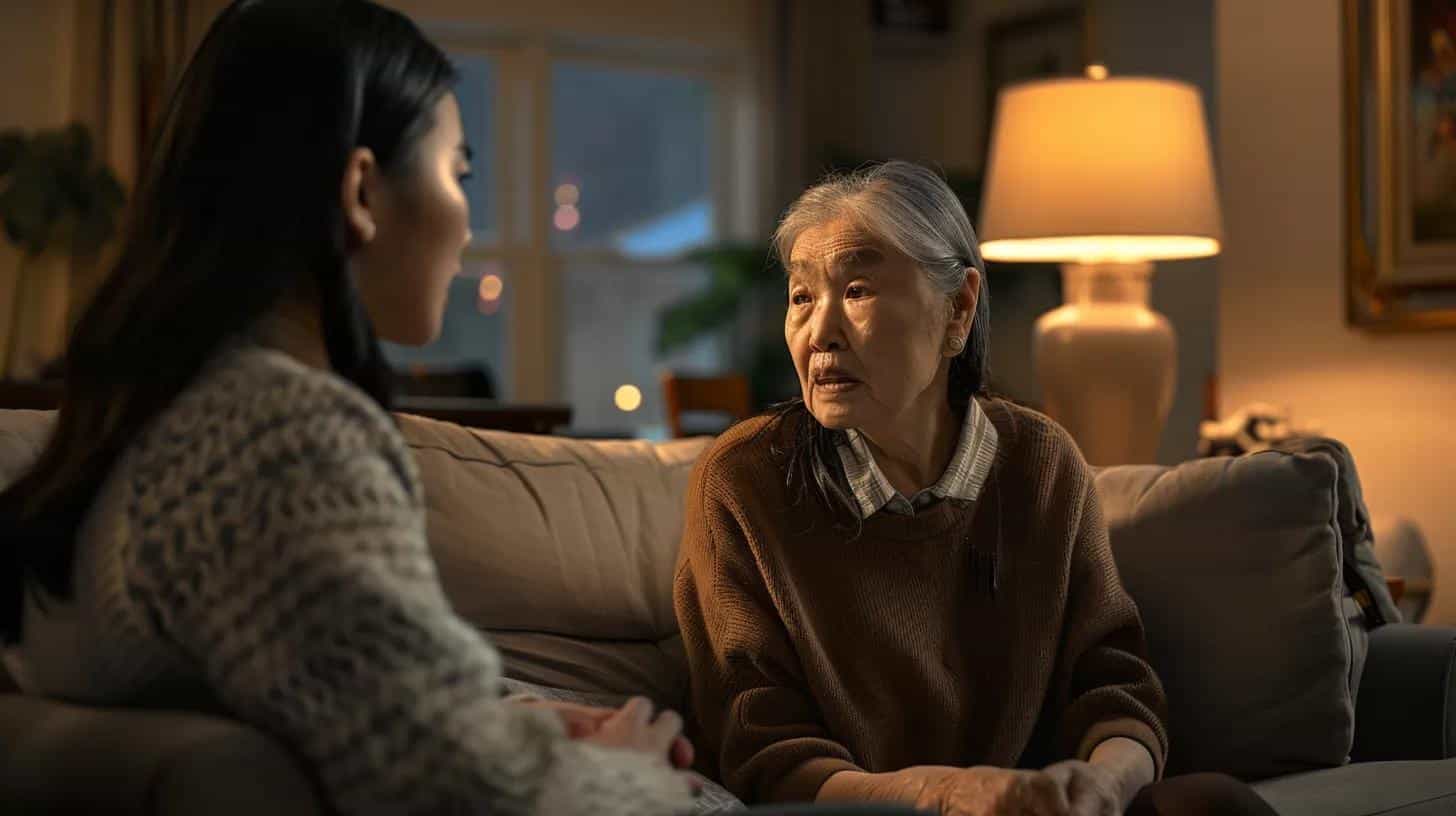 a contemplative caregiver attentively observes the subtle facial expressions and body language of an elderly dementia patient in a softly lit, modern living room, highlighting the importance of recognizing emotional distress for timely intervention.
