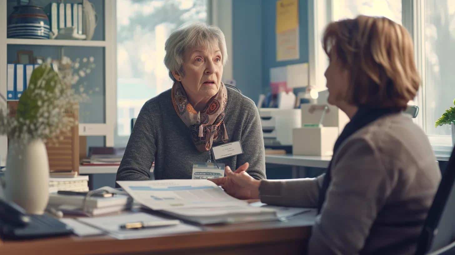 a professional office setting features a concerned caregiver attentively discussing with a senior individual at a desk, surrounded by organized paperwork and medical notes, highlighting the critical differentiation between early dementia warning signs and normal forgetfulness.