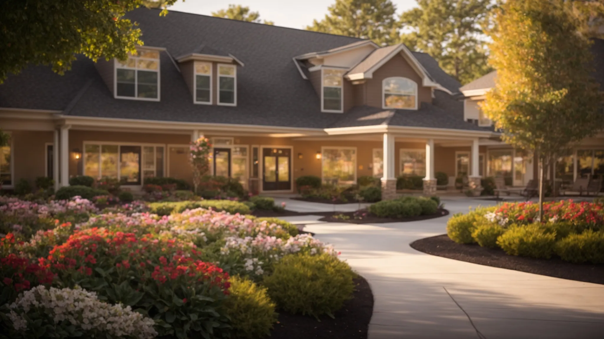 a serene and inviting assisted living facility in ypsilanti, showcasing its welcoming entrance surrounded by lush greenery, with vibrant flowers blooming under soft, golden afternoon light, embodying comfort and community for prospective residents.