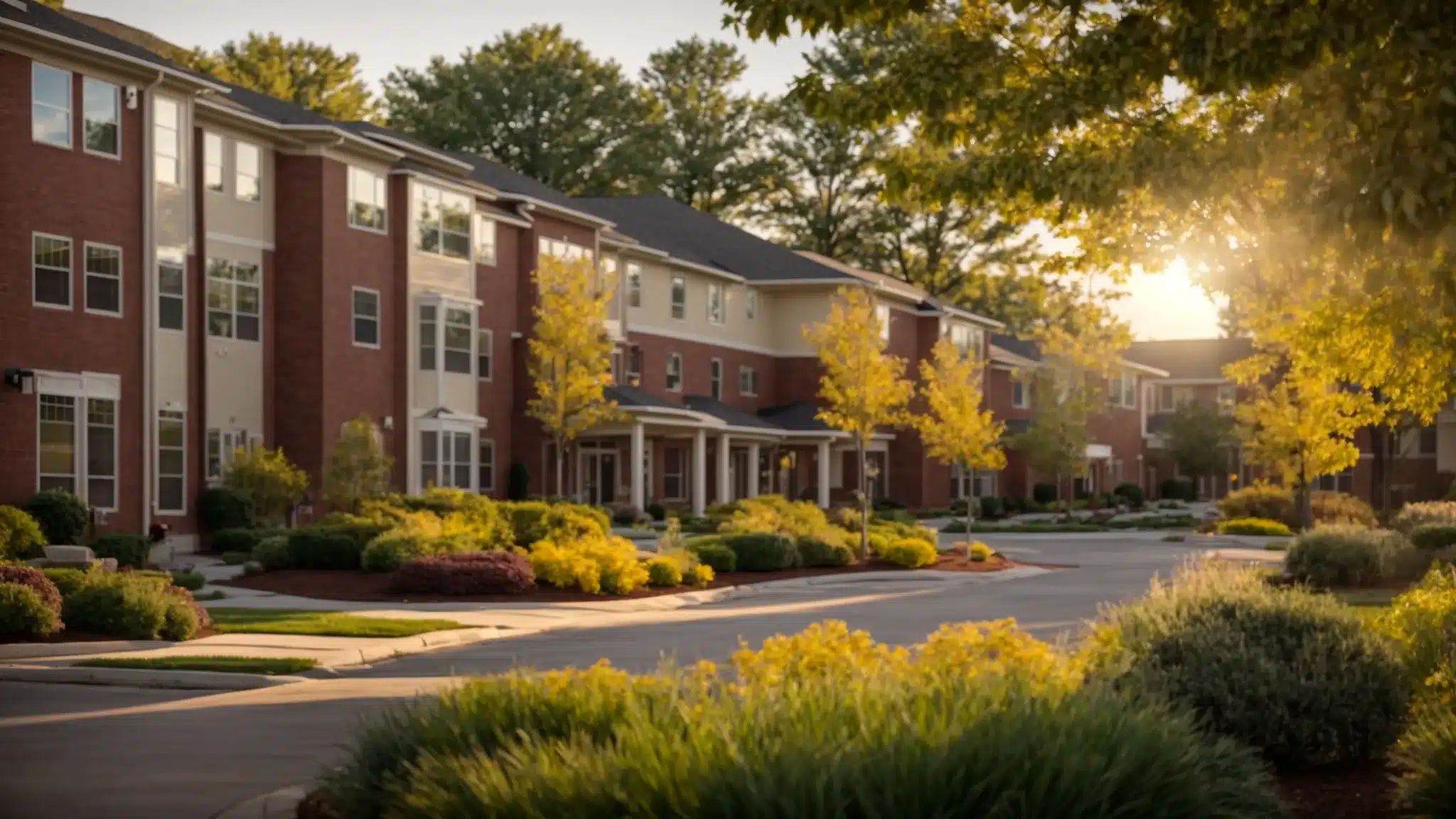 a serene and inviting senior living community in ypsilanti, showcasing vibrant greenery and well-maintained amenities, illuminated by soft, golden sunlight, symbolizing the search for quality care and value in senior living options.
