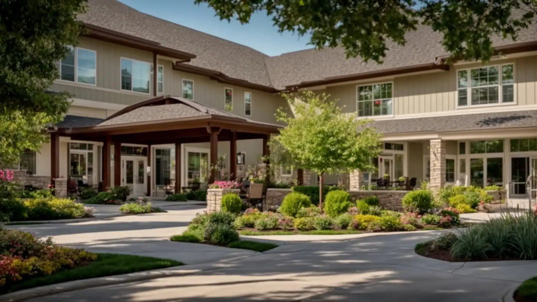 a serene and inviting senior living community in ypsilanti, featuring lush green gardens and bright, airy common areas that reflect supportive environments for various lifestyles and care needs.