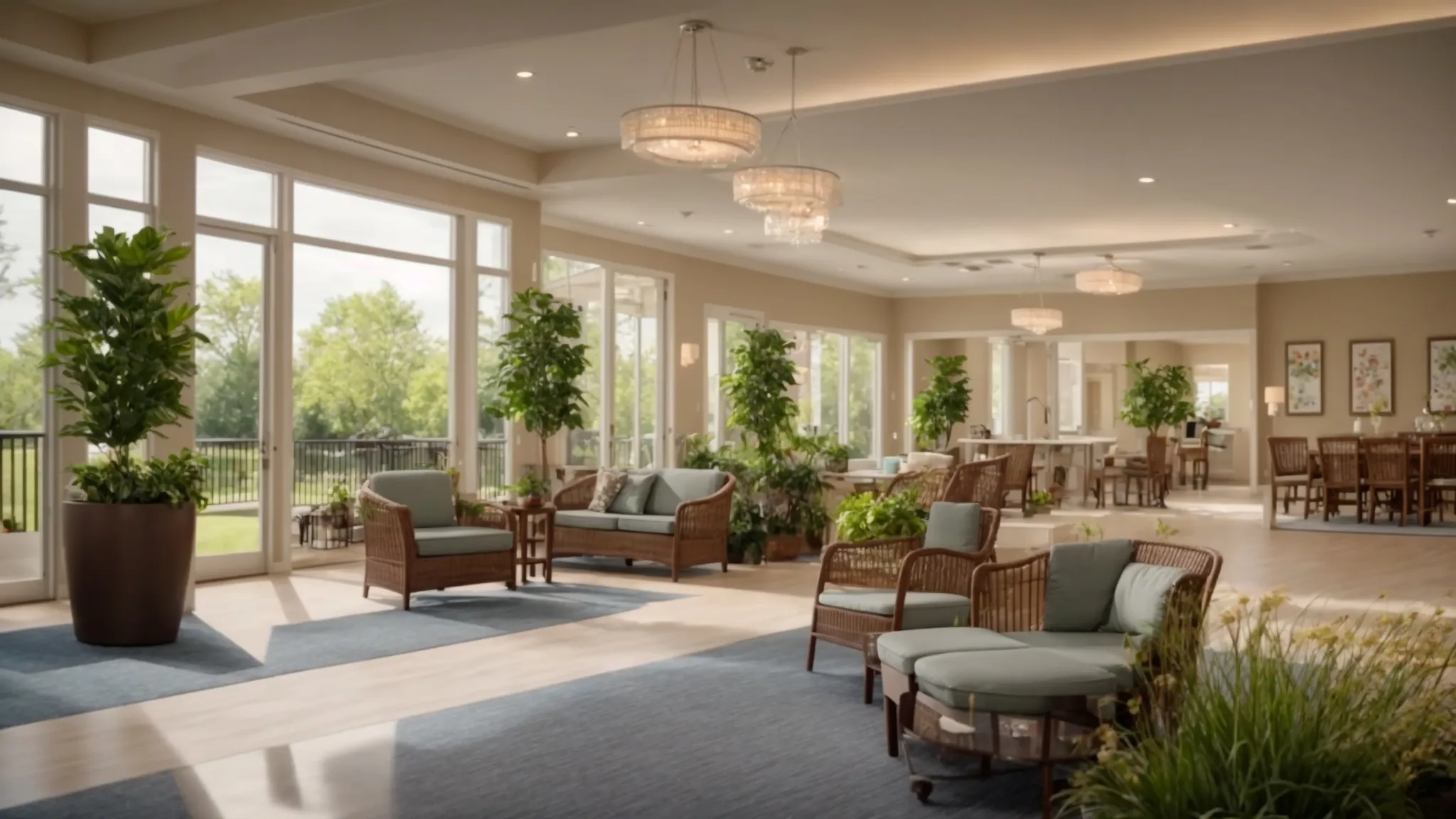 a serene community setting in ypsilanti showcases vibrant gardens and a welcoming assisted living facility, highlighting the theme of accessibility to healthcare and recreational amenities for elderly residents.