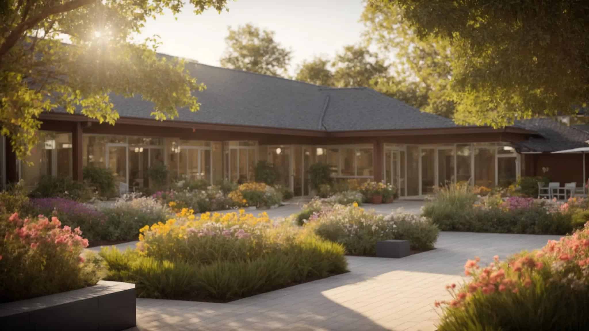 a serene courtyard of a long-term dementia care facility, featuring thoughtfully designed pathways, vibrant flowers, and comfortable seating under soft, diffused sunlight, promoting a tranquil and nurturing environment for elderly residents.