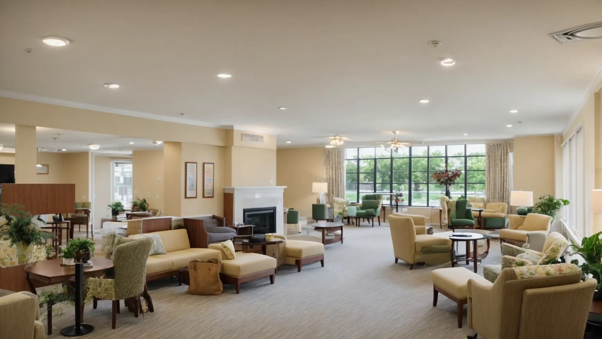 a serene interior of an affordable assisted living facility in ypsilanti, featuring well-trained staff engaging warmly with smiling residents in inviting, brightly lit common areas that emphasize quality care and community support.