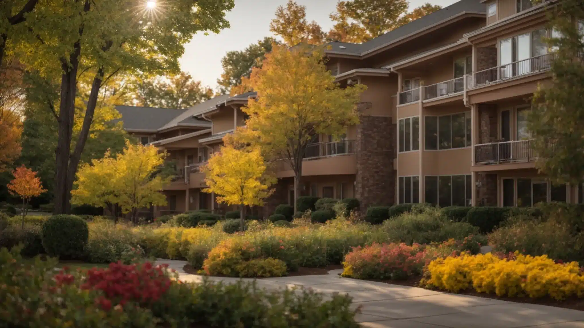 a serene senior living community in ypsilanti, where sunshine filters through vibrant trees, illuminating joyful residents engaged in supportive conversations about financial resources and assistance programs.