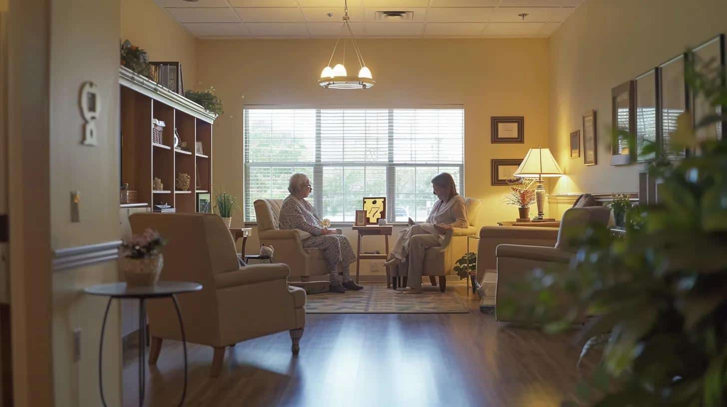 a serene, softly lit therapy room featuring a compassionate caregiver gently engaging with a distressed dementia patient, surrounded by calming decor and interactive tools aimed at fostering emotional stability and connection.