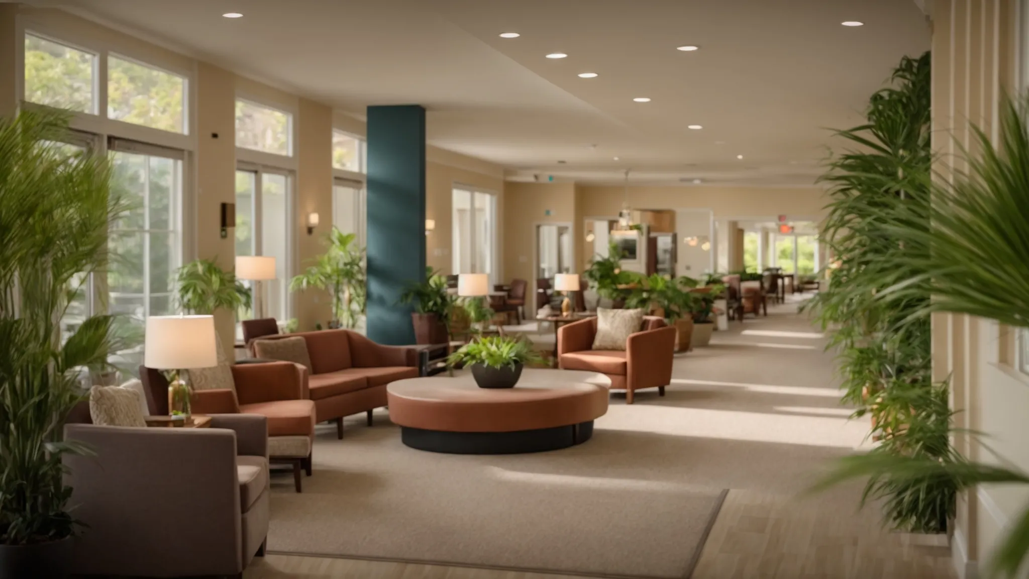 a serene, warmly lit common area in an assisted living facility, filled with comfortable furnishings and vibrant plants, captures the essence of community and support for seniors transitioning to their new home in ypsilanti.