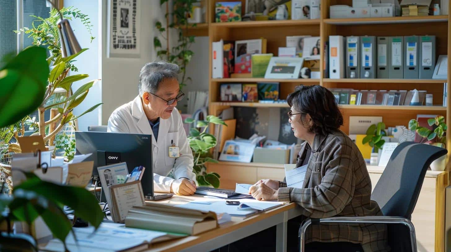 a serene, well-organized office space features a thoughtful caregiver consulting with a geriatric specialist, surrounded by informative pamphlets and digital resources that highlight emotional and behavioral support for dementia care.