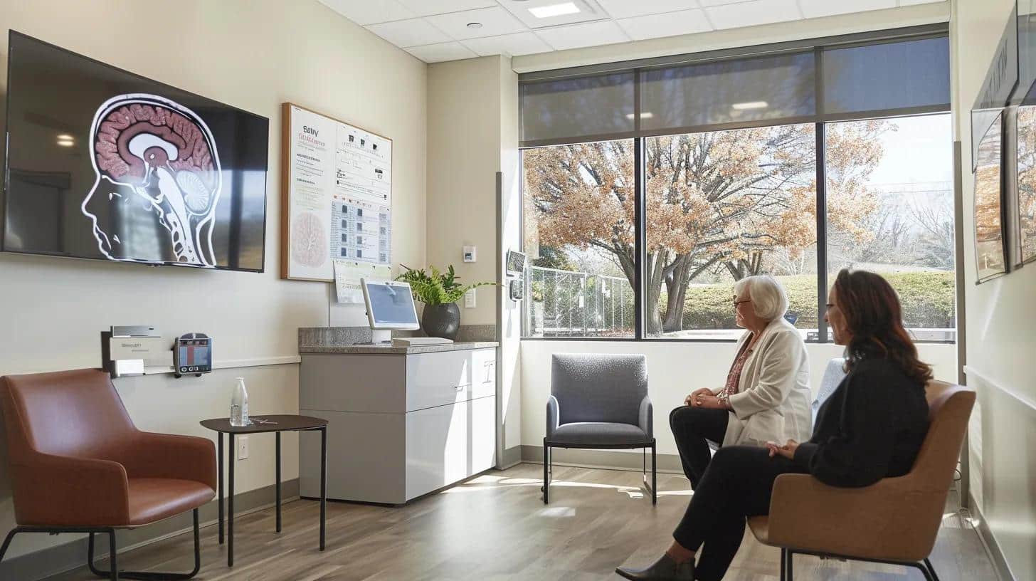a sleek, modern healthcare office featuring a warm, inviting consultation room, where a focused doctor engages intently with an elderly patient, surrounded by diagnostic tools and brain health charts that emphasize proactive responses to early dementia warning signs.