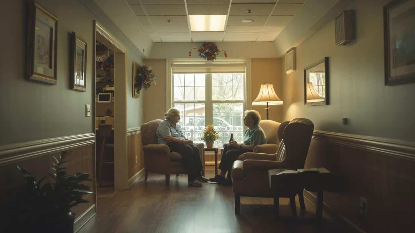 a somber, well-lit therapy room showcases a thoughtful caregiver engaging in a heartfelt conversation with an elderly dementia patient, capturing the deep emotional exchange amidst a backdrop of comforting, muted colors and supportive decor.