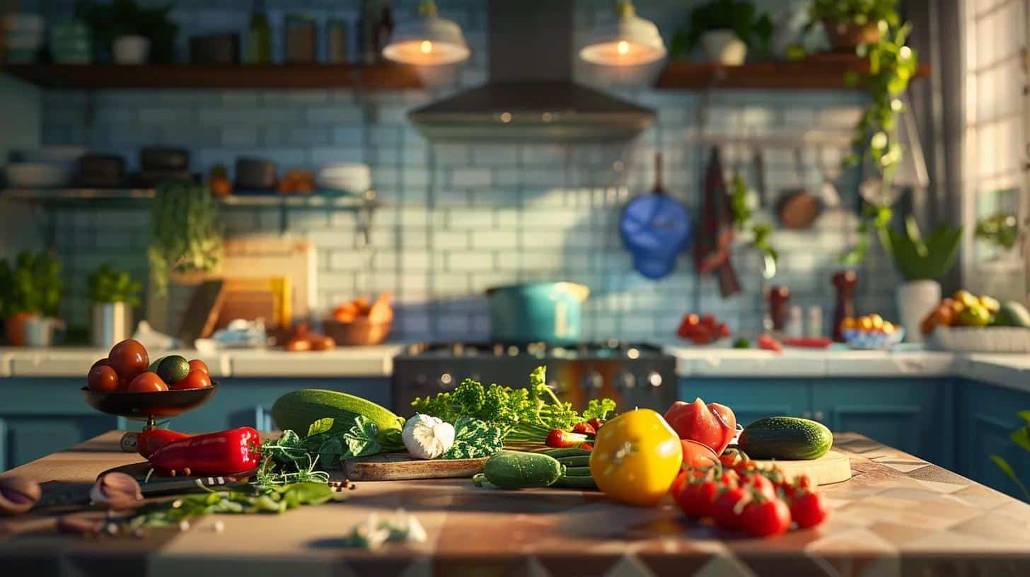 a vibrant and modern kitchen scene features a colorful assortment of healthy mediterranean ingredients being prepared, with a backdrop of a stylish dining area that emphasizes the importance of nutritious cooking and social engagement for cognitive health.
