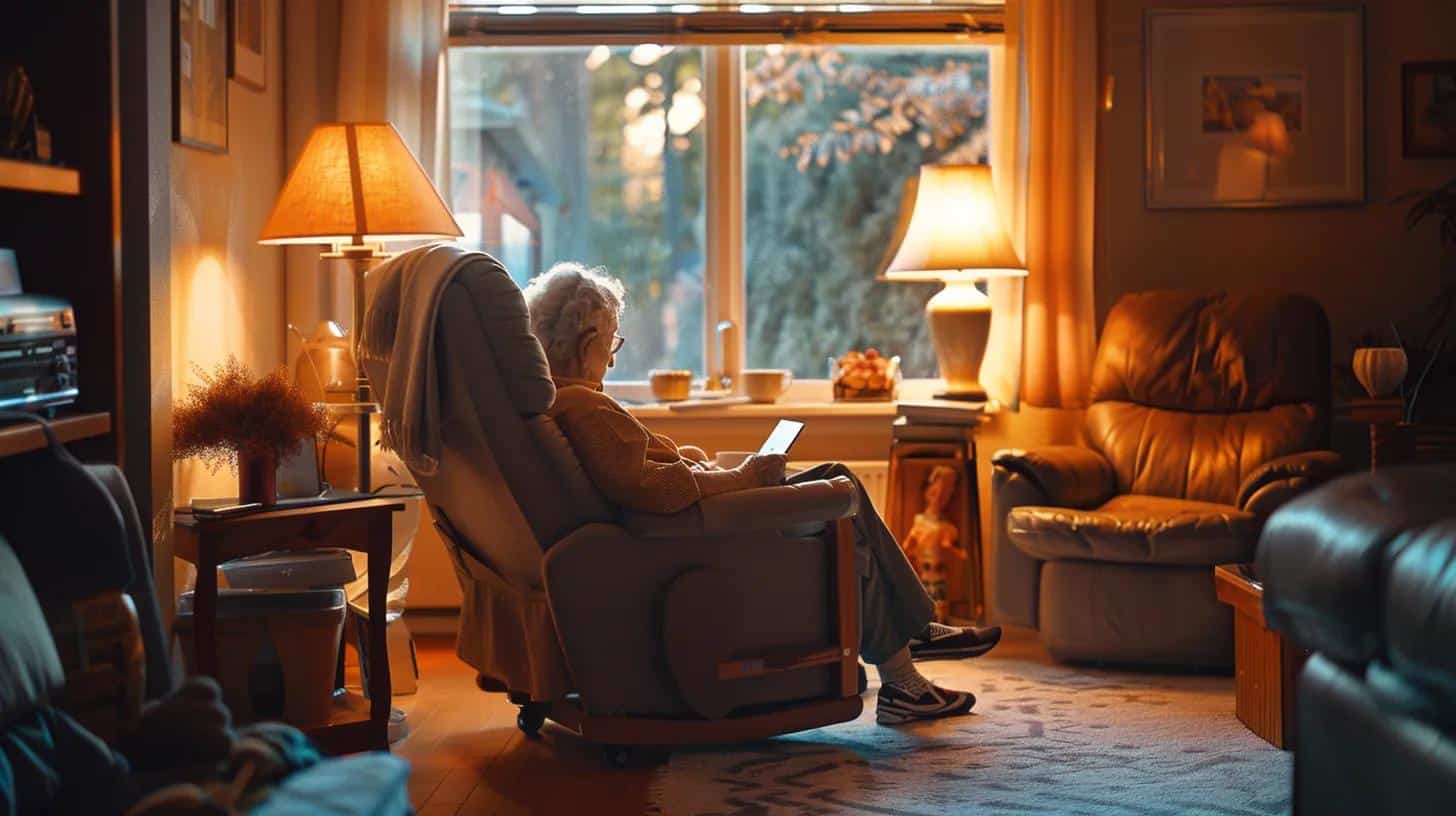 a warmly lit and organized living room, featuring soft seating and calming decor, where a dementia patient sits comfortably engaged in a familiar routine, surrounded by personal items that evoke positive memories.