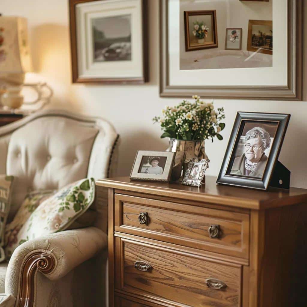 Cozy living space with a wooden dresser displaying framed photographs and a floral arrangement, emphasizing personalized décor in memory care for seniors with dementia.