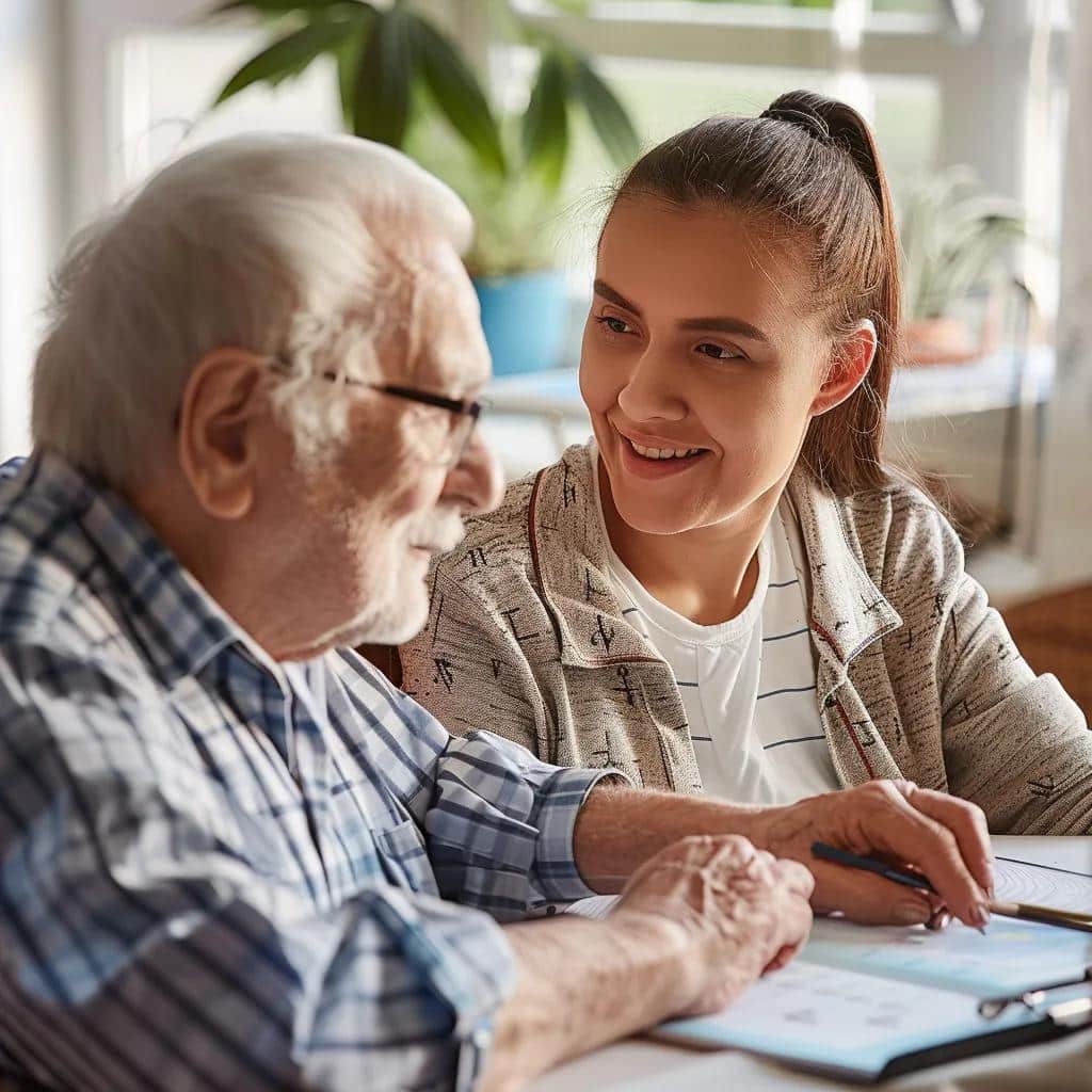 Caregiver assisting a resident with a personalized care plan in a dementia care home