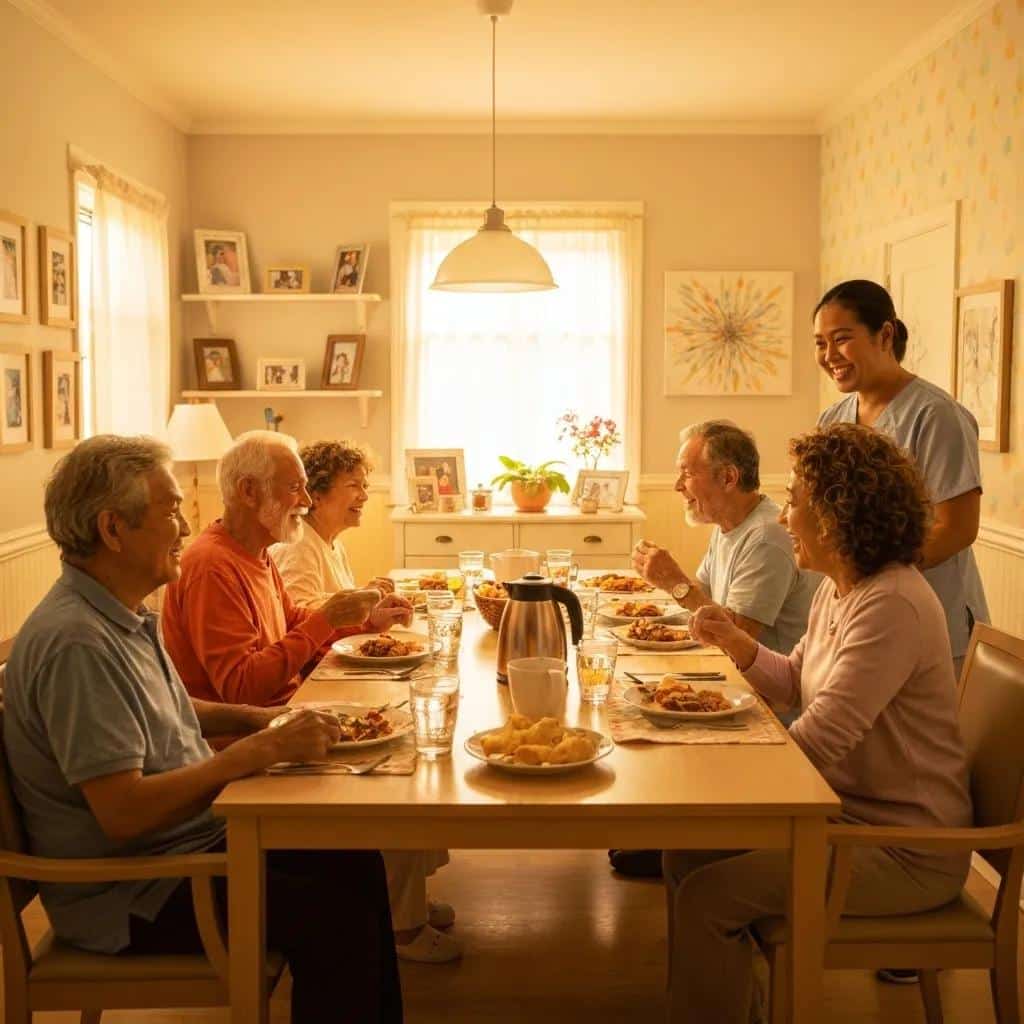 Group of seniors enjoying a family-style meal in a cozy dining room, fostering community and engagement at Memory Lane Home.