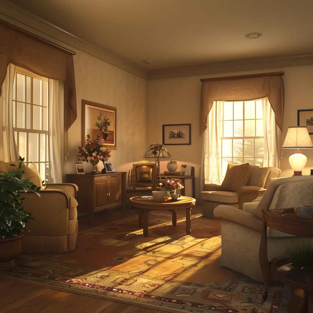 Cozy Alzheimer's care facility living room with residents engaging in activities