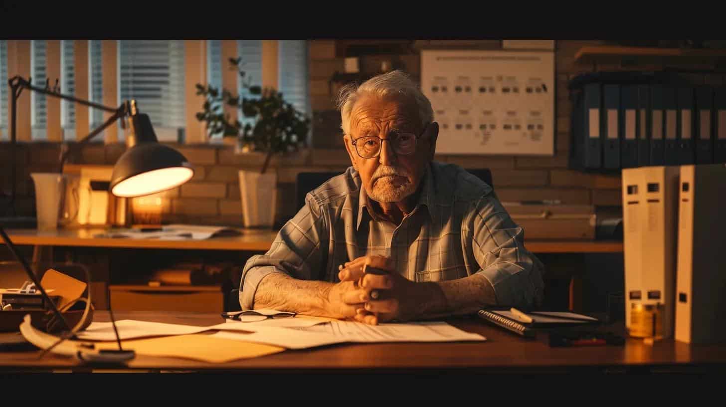 an elderly individual sits thoughtfully at a modern office desk, surrounded by medical charts and cognitive assessment tools, as a compassionate caregiver discusses early warning signs of dementia, depicted through a warm and intimate lighting setup that emphasizes the importance of awareness and understanding.