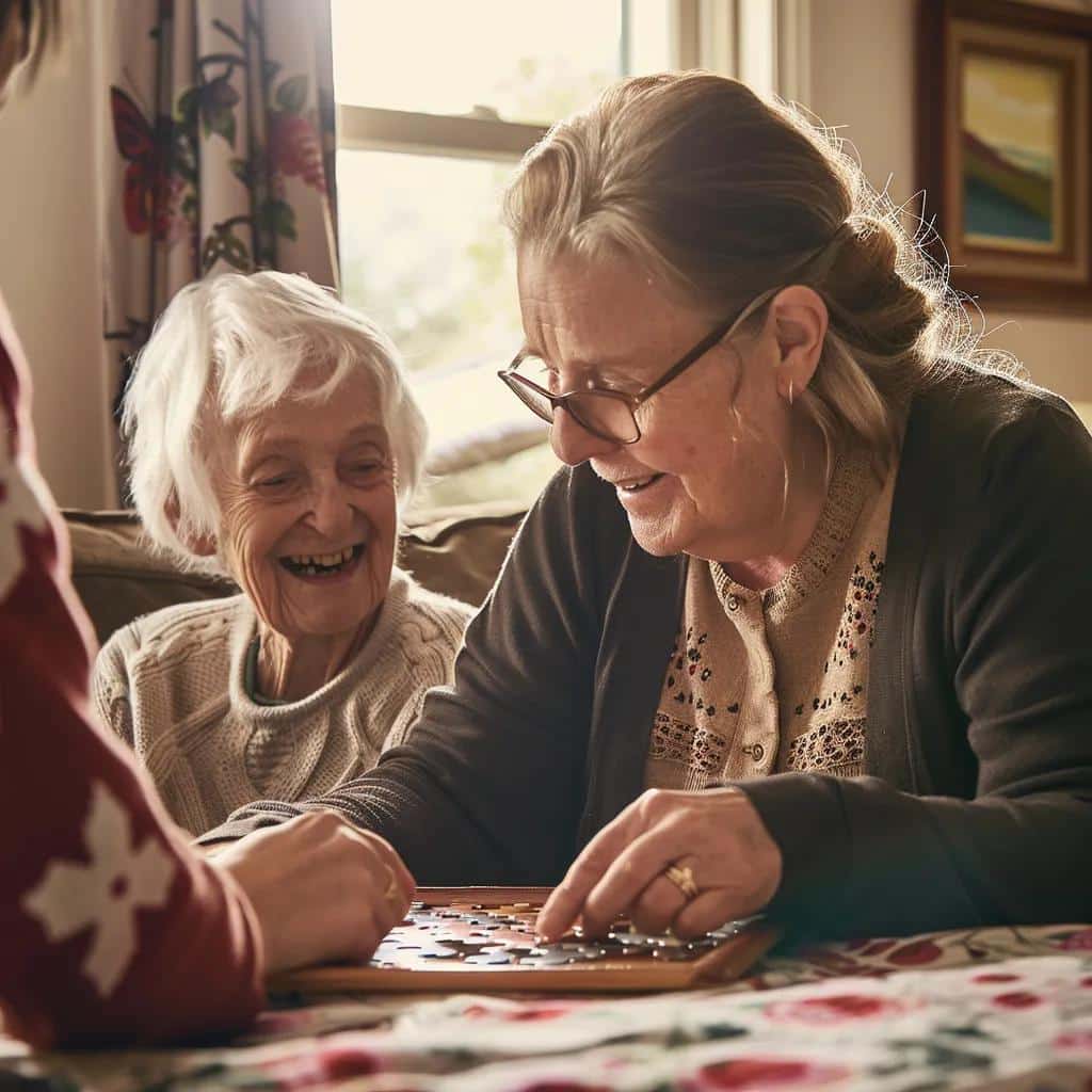 Older woman engaging in a cognitive activity with a caregiver, both smiling, in a cozy memory care environment, emphasizing personalized support for dementia care.