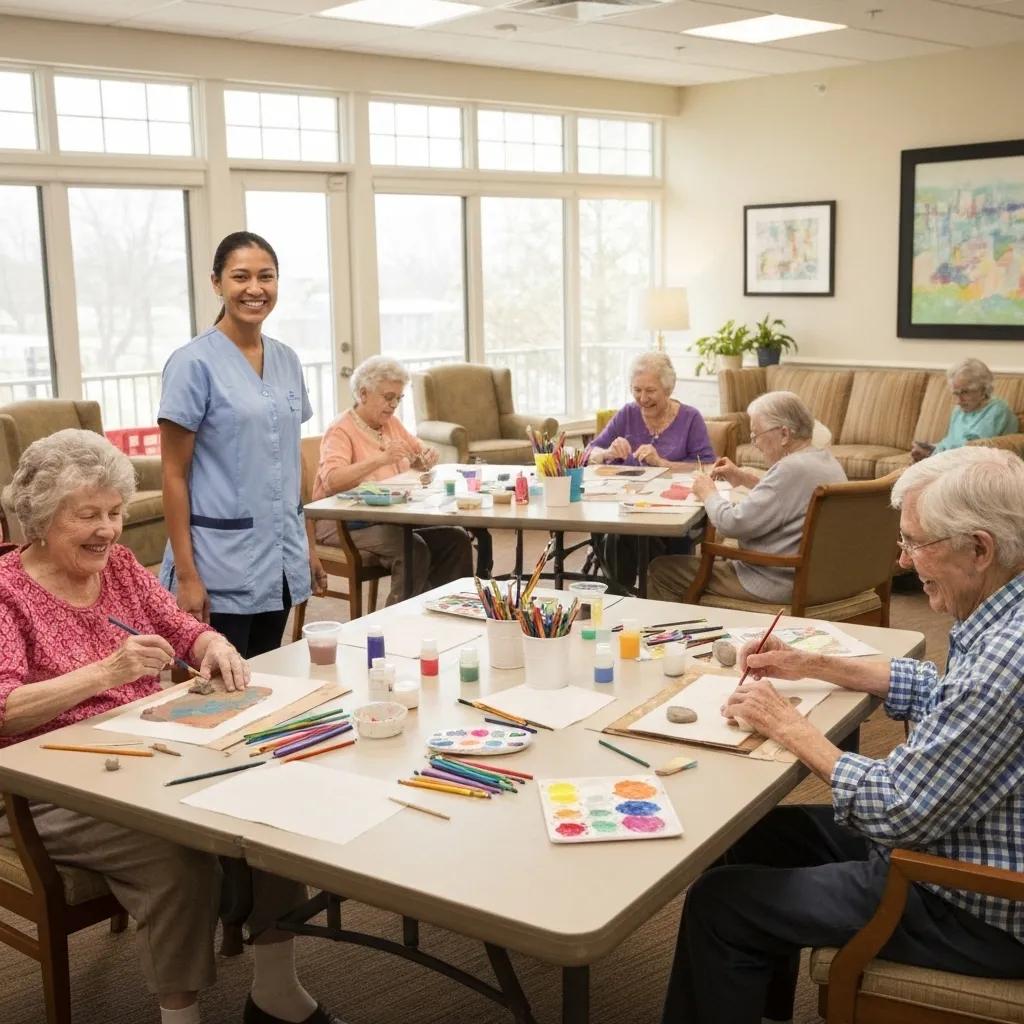 Residents engaging in a group art class in an assisted living facility, showcasing memory care integration and support