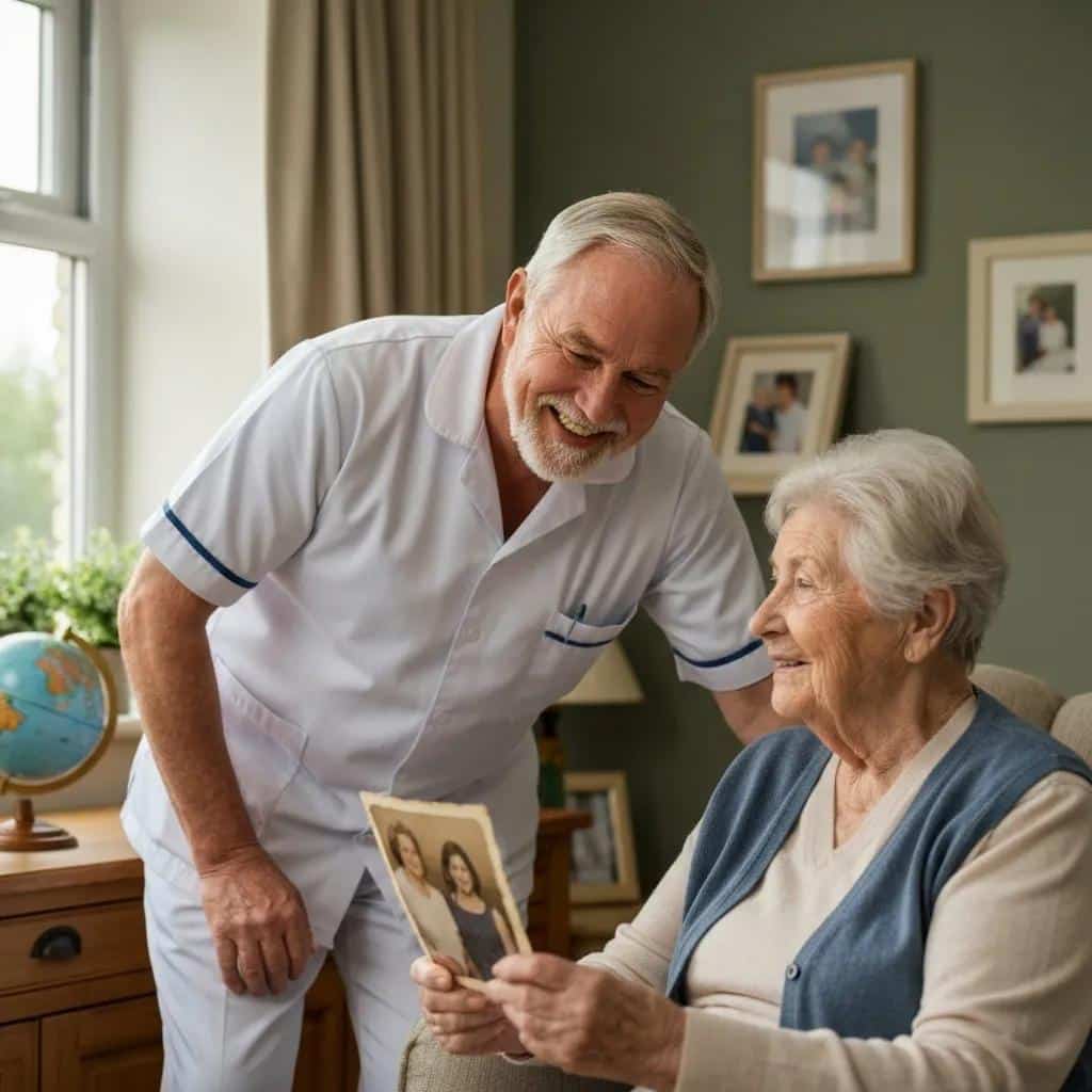 Caregiver providing personalized memory-focused therapy to a resident
