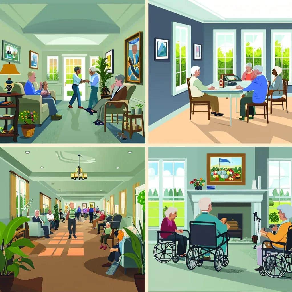 Contrasting scenes of memory care home and assisted living facility