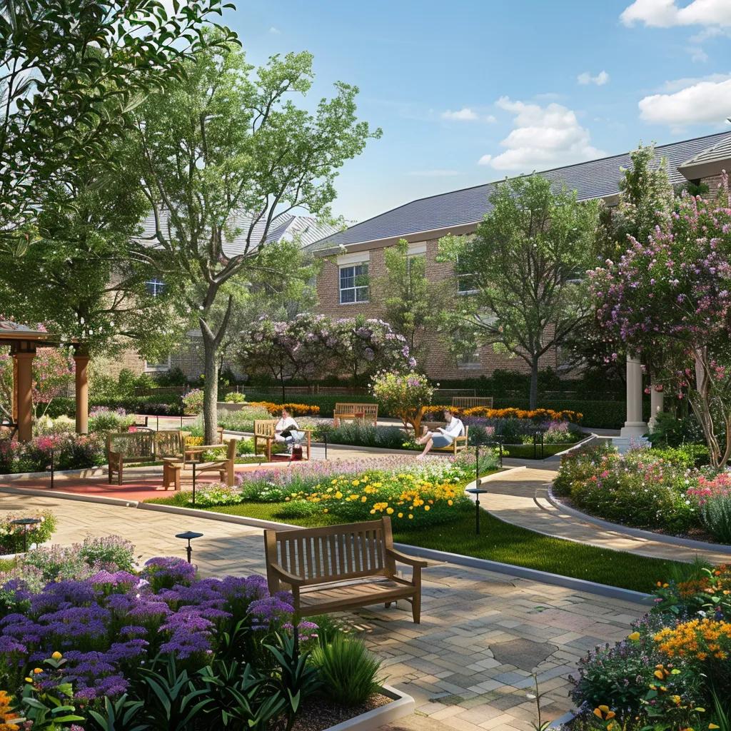 Home-like garden environment in a memory care facility with residents enjoying outdoor activities