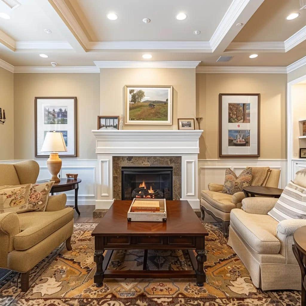 Cozy living room in a memory care facility with home-like decor and personal touches