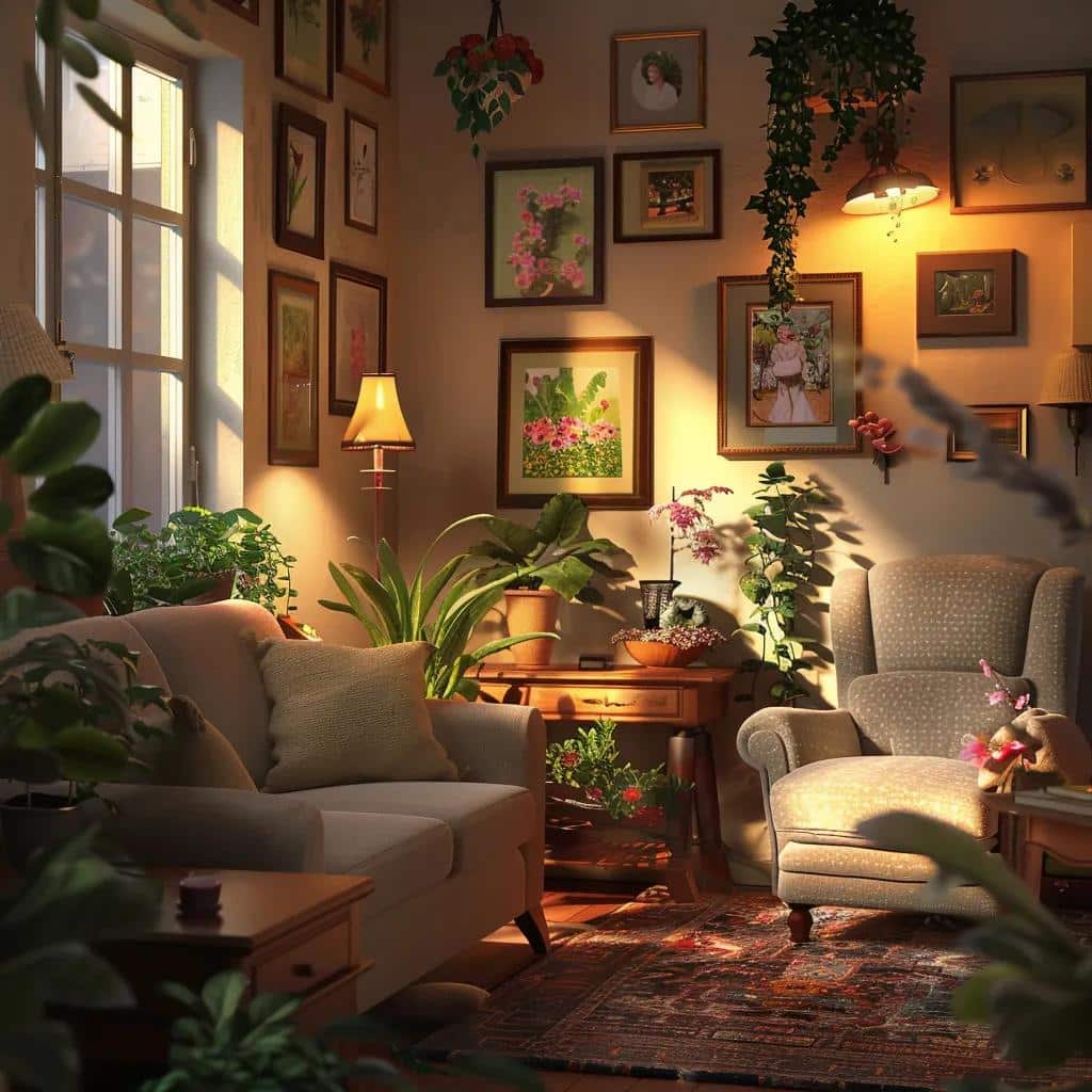 Cozy memory care home environment with caregiver and resident interaction