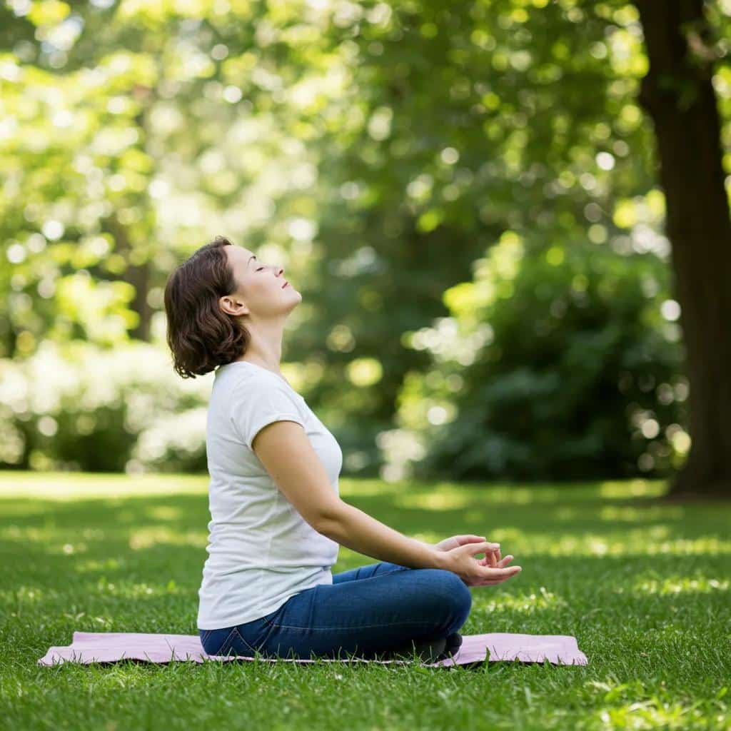 Caregiver practicing relaxation techniques outdoors, illustrating stress relief and self-care