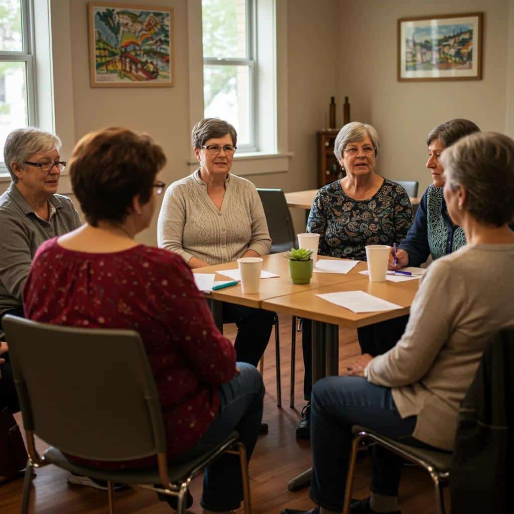 Caregivers in a supportive discussion at an Alzheimer's support group, emphasizing emotional connection and community