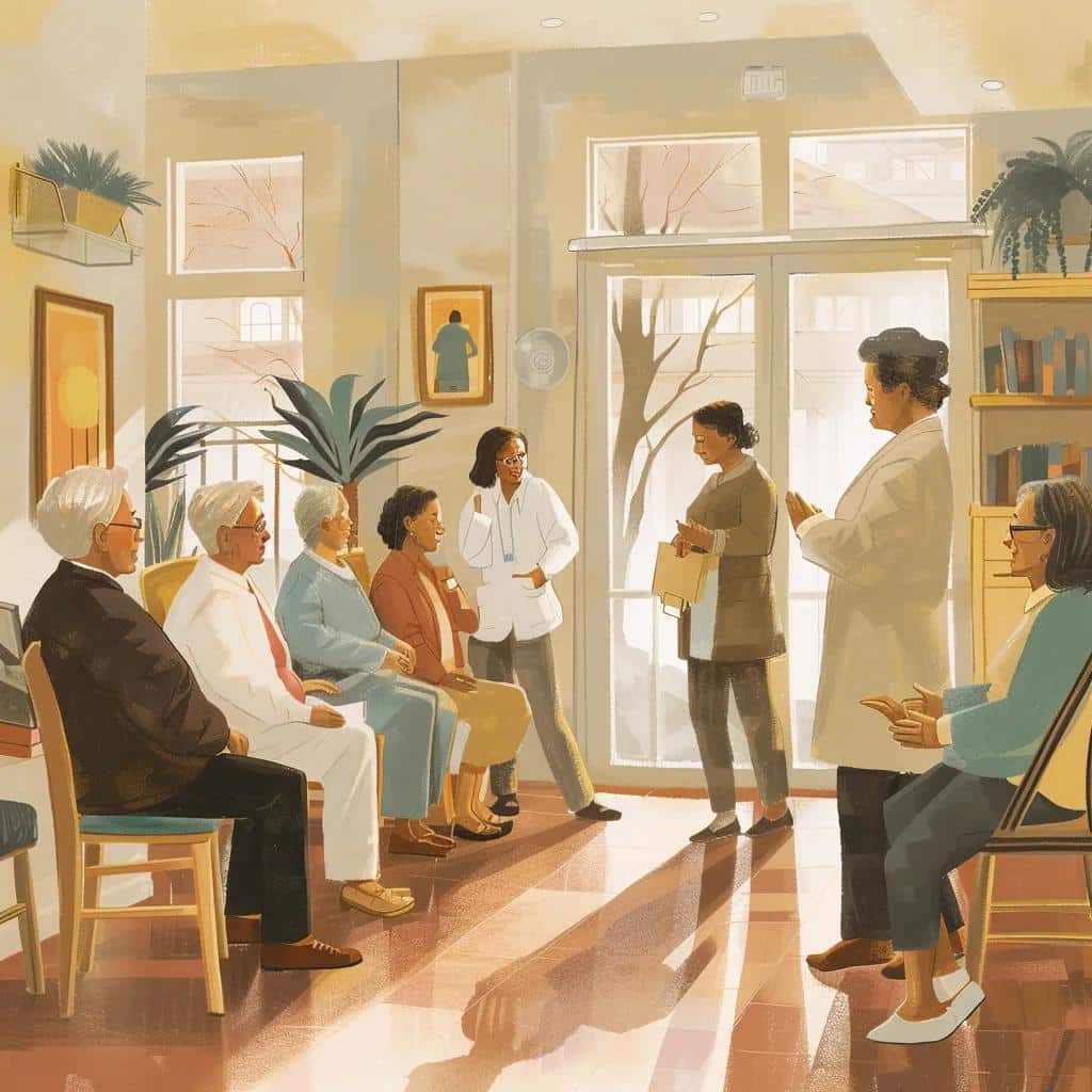 Group of seniors engaging with caregivers in a warm, inviting memory care home setting, highlighting personalized support and community interaction.