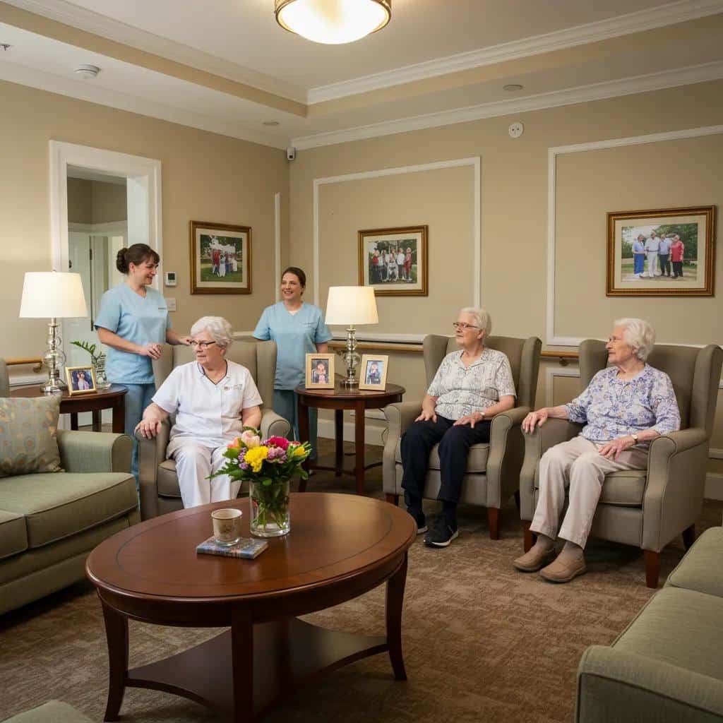 Cozy memory care facility with caregivers and residents in a warm, inviting living room